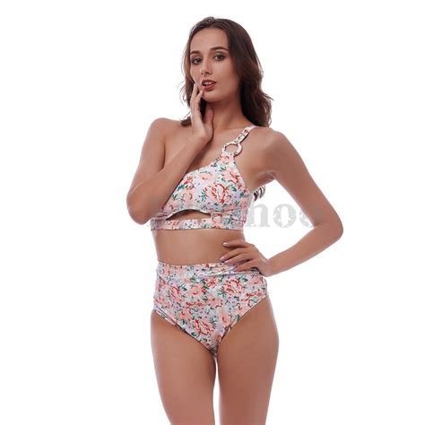 Womens Sexy Floral Allover Print One Shoulder High Waist Bikini Suit Swimwear Sexy Bikini And