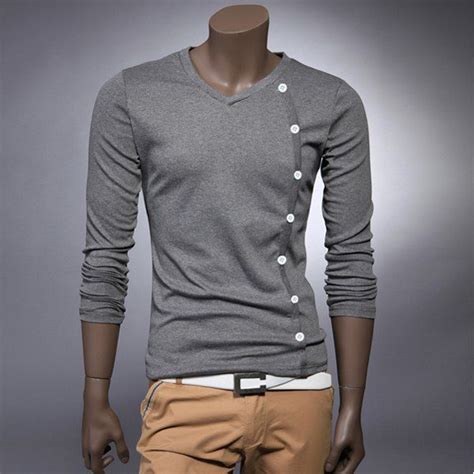 Stylish V Neck Button Embellished Long Sleeves Cotton T Shirt For Men