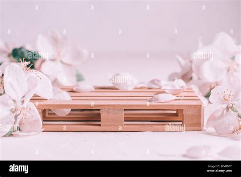 Wooden Podium In Form Of Pallet On Light Plaster Surface With Apple