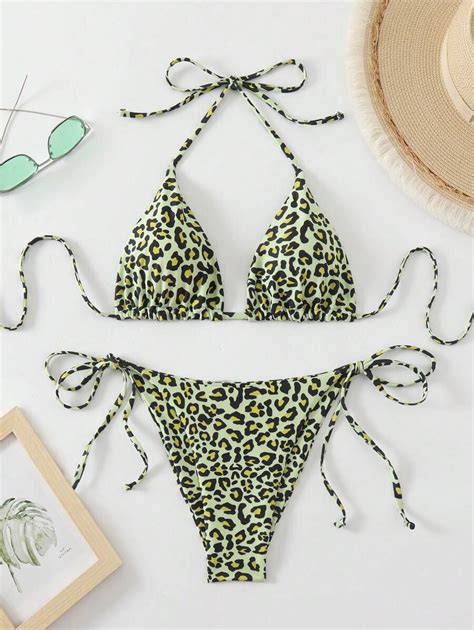 SHEIN Swim Conjunto de bikini halter de micro triángulo y estampado