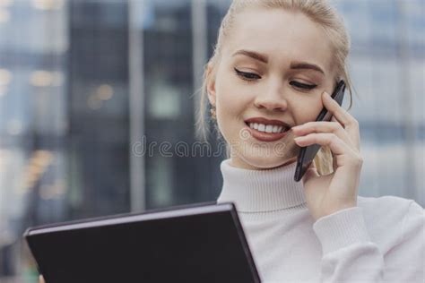 Close Up Of Smiling Attractive Girl With White Hair Talking On Mobile