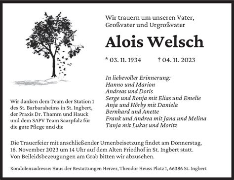 Traueranzeigen Von Alois Welsch Saarbruecker Zeitung Trauer De