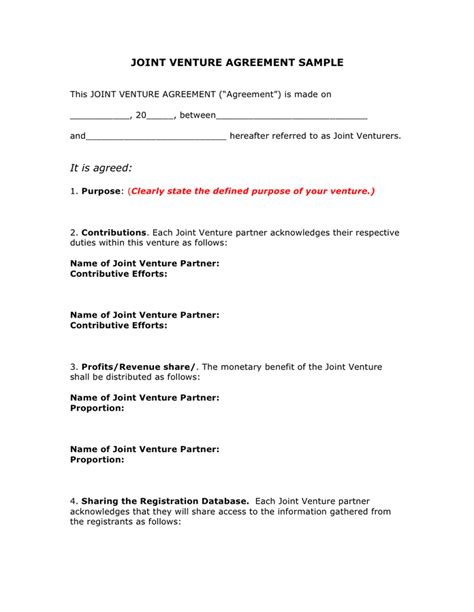 Joint Venture Agreement Template