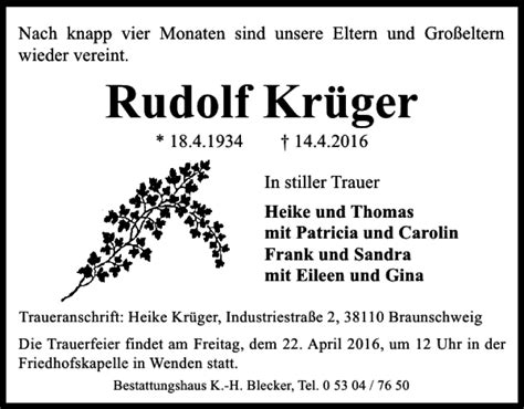 Traueranzeigen von Rudolf Krüger trauer38 de