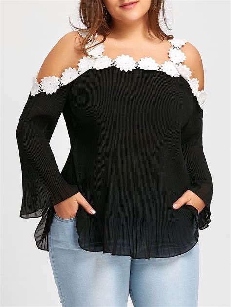 Plus Size Lace Flower Panel Crinkle Chiffon Blouse Plus Size Outfits