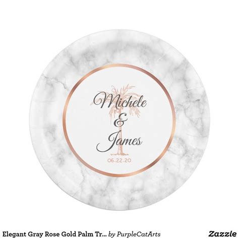 Elegant Gray Rose Gold Palm Tree Marble Wedding Paper Plates Zazzle