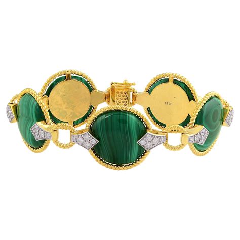 Malachite Gemstone Bracelet Diamond Pave Karat Yellow Gold Handmade