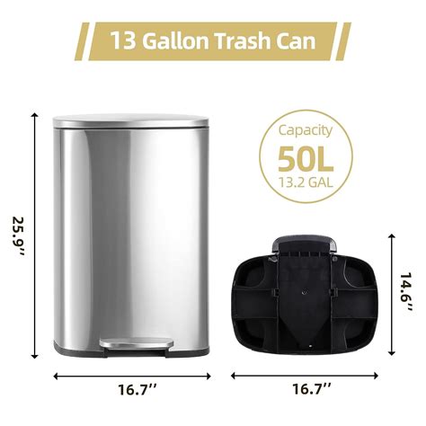 13 Gallon Tall Kitchen Garbage Can Stainless Steel Trash Bin With Soft