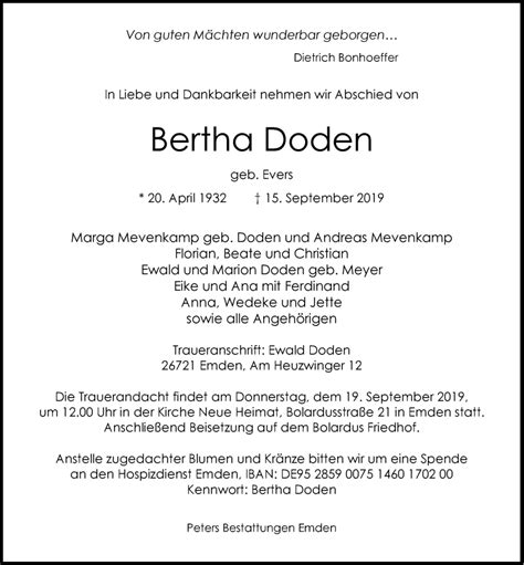 Traueranzeigen Von Bertha Doden Nordwest Trauer De