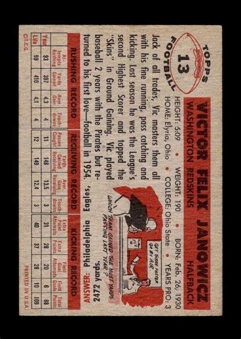 1956 Topps Set Break 13 Vic Janowicz VG VGEX Crease GMCARDS EBay