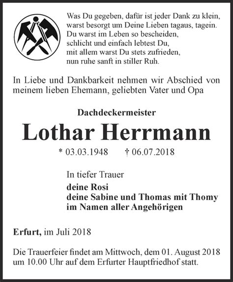 Traueranzeigen Von Lothar Herrmann Trauer In Thueringen De