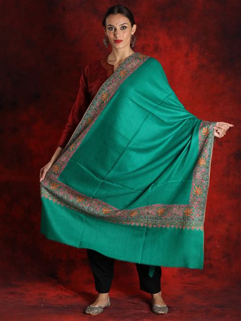 Pure Pashmina Emerald Green Colored Sozni Papermachi Embroidered Border