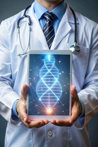 Medicine Doctor Holding Electronic Medical Record On Tablet Dna Digital