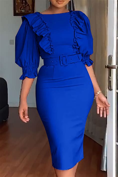 Wholesale Blue Fashion Sexy Solid Patchwork O Neck Pencil Skirt Dresses