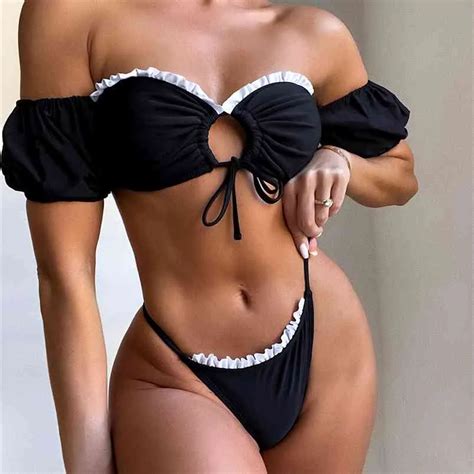 Black Strapless Ruched Bandeau Bikini With Sleeves With Hollow Lace Up Micro Thong Sexy Summer