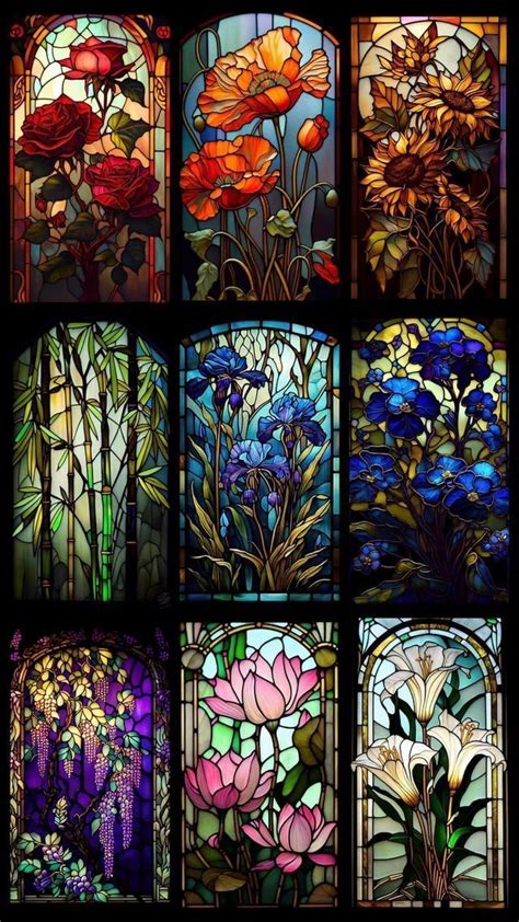 Many Different Stained Glass Windows With Flowers In Them