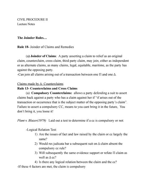 The Joinder Rules Lecture Notes 10 Civil Procedure Ii Lecture