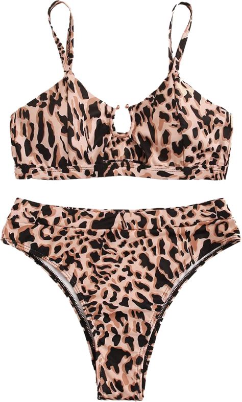 Buy SheIn Women S 2 Pieces Leopard Print Strap Cutout Bra Bottom Bikini