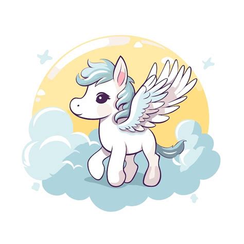 Une jolie licorne de dessin animé avec des ailes sur le nuage