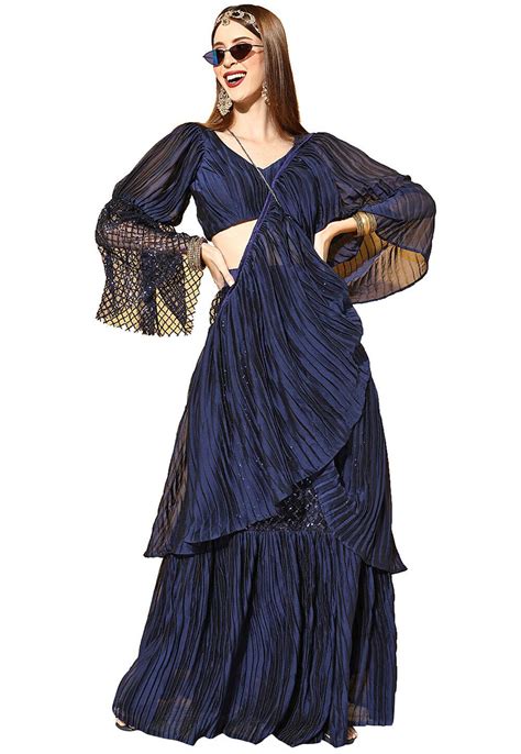 Buy Accordion Polyester Saree In Navy Blue Online SUF10509 Utsav