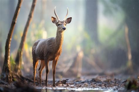 Premium Photo Dewcovered Bushbuck At Dawn In Misty Woods