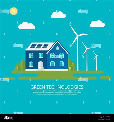 Green Modern House With Solar Panels And Wind Turbine Eco Friendly