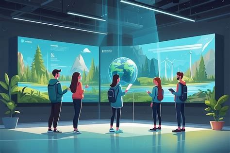 Ilustrar una escena de estudiantes usando pantallas holográficas para