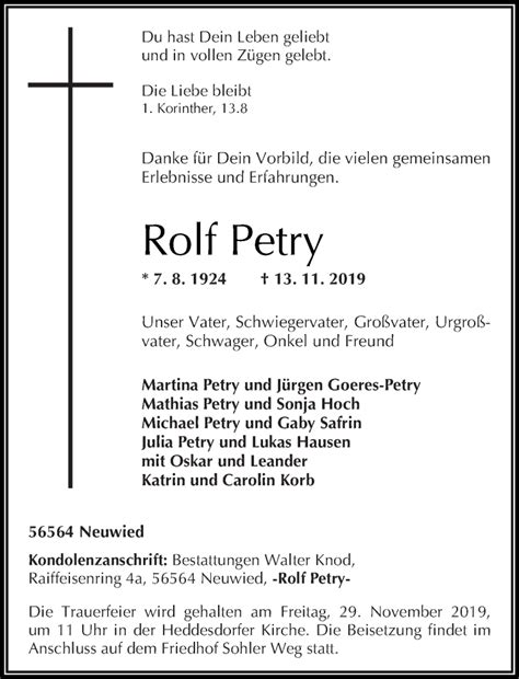 Traueranzeigen Von Rolf Petry Rz Trauer De