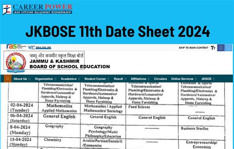 Jkbose Class 11th Date Sheet 2024 Pdf Released Download Link