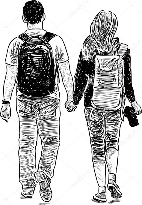 Dibujos Dibujo Pareja Caminando Joven Pareja Caminando Vector De