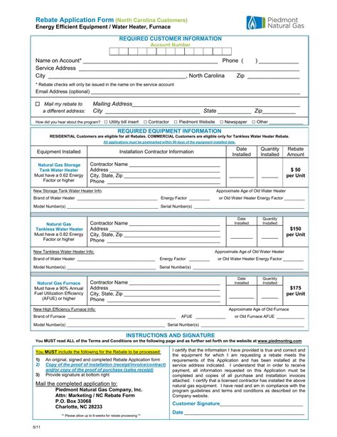 Piedmont Natural Gas Rebate Application Pdf Form Formspal