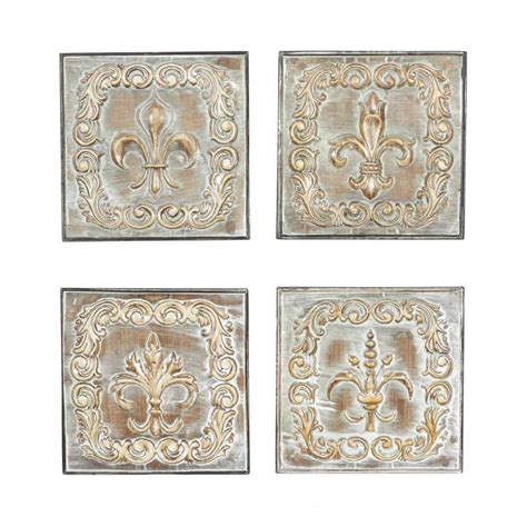 Litton Lane Metal Brass Embossed Fleur De Lis Wall Decor Set Of 4