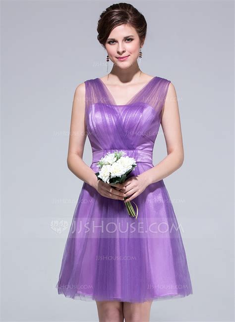 A Line Princess V Neck Knee Length Tulle Bridesmaid Dress With Ruffle