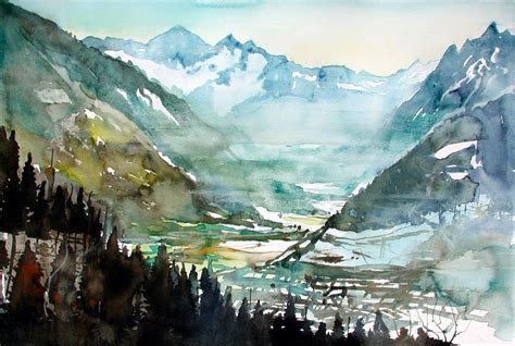 Blick Ins Fuschertal Berge Aquarellmalerei Pinzgau Salzburgerland