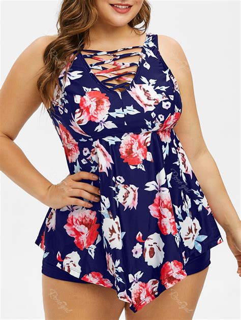 [26 Off] Plus Size Criss Cross Floral Peplum Tankini Set Rosegal