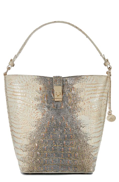 Brahmin Shira Croc Embossed Leather Bucket Bag Ivory Iguana