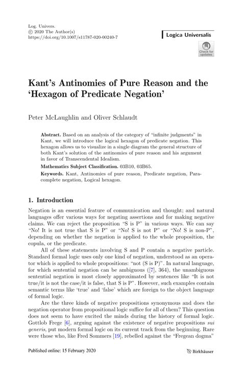 Pdf Kants Antinomies Of Pure Reason And The ‘hexagon Of Predicate