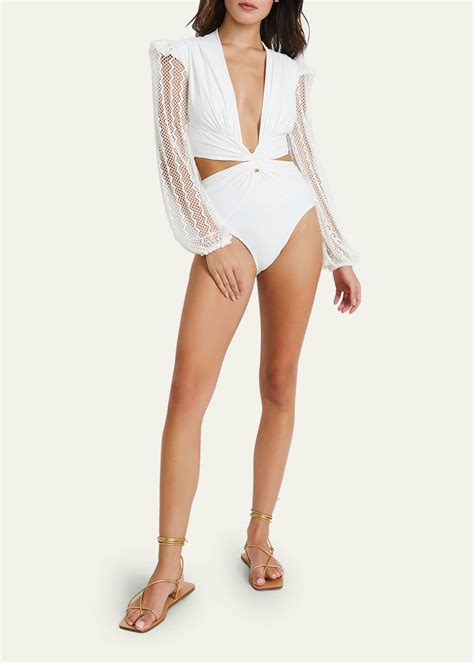 Patbo Plunging Netted Sleeve Cutout One Piece Swimsuit Bergdorf Goodman