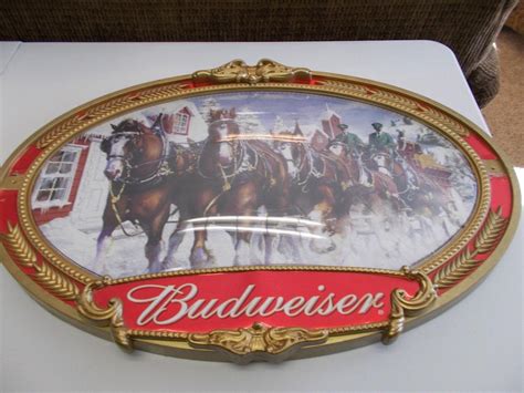 Budweiser Beer Sign Clydesdales Winter Scene Hanging Oval Sign