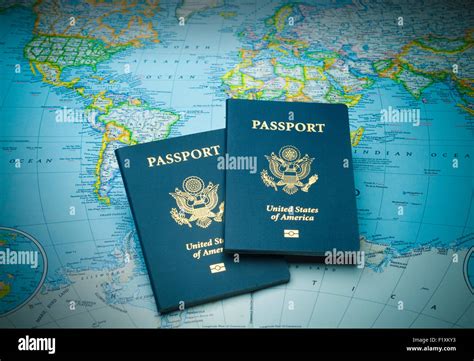 Travel Passports On A World Map Ready For Any Exotic Destination Stock