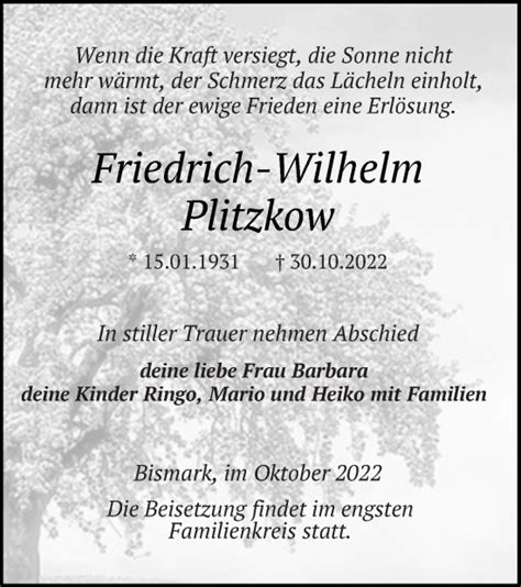 Traueranzeigen Von Friedrich Wilhelm Plitzkow Trauer Nordkurier