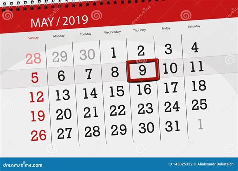 Calendar Planner for the Month May 2019, Deadline Day, 9 Thursday Stock Photo - Image of paper ...