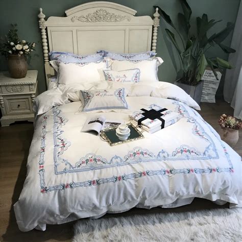 Luxury White 80S Egyptian Cotton Embroidery Royal Bedding Sets Queen