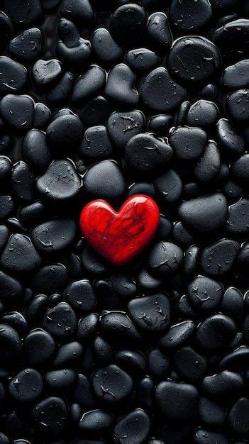 A Red Heart Surrounded By Black Rocks With Water Droplets On The Stones