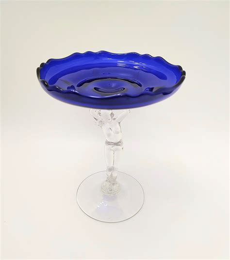 Cambridge Glass Art Deco Nude Stem Compote Royal Blue And Crystal Etsy