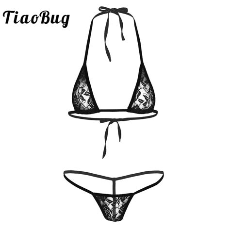 Tiaobug Women Swimsuit Floral Lace See Through Micro Bikini Set Sheer