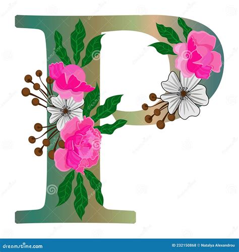 Letter P With Flowers Isolated On White Background Stock Vector