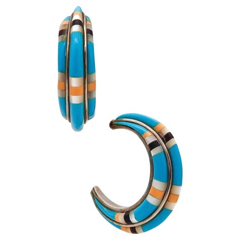 Native American Navajo Hoops Earrings In Sterling Silver With