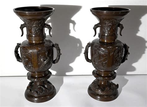 Proantic Importante Paire De Vases En Bronze Japon 1900