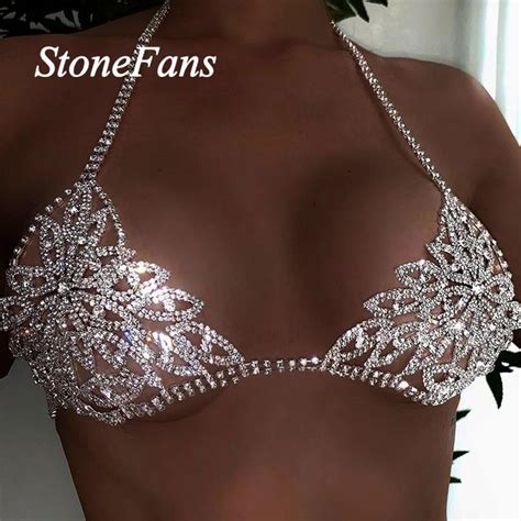 Fashion Leaf Rhinestone Crystal Body Chain Bra Jewelry For Women Sexy Bikini Necklace Statement